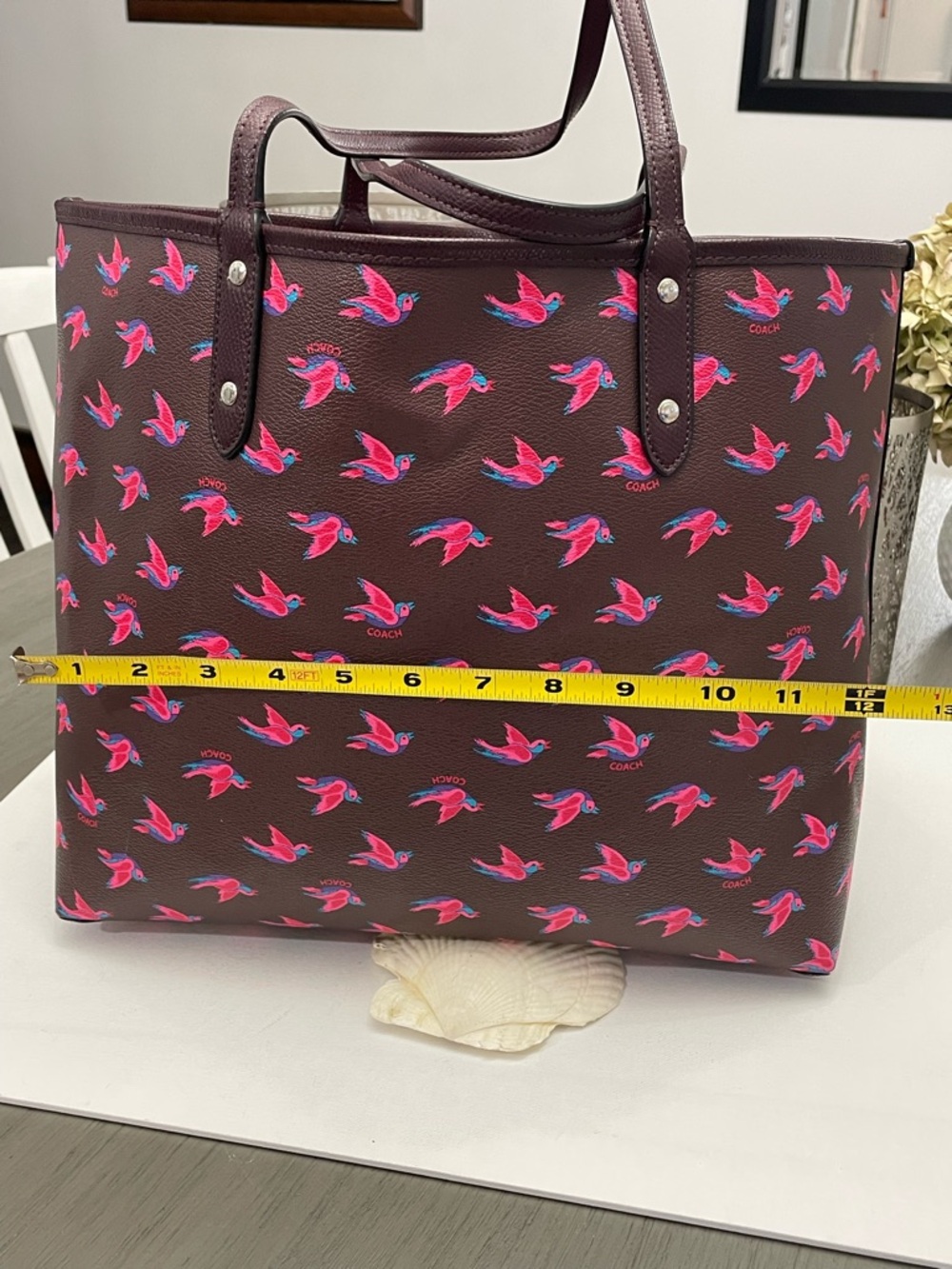 Coach reversible Maroon Tote with Pink Bird Motif - Picture 11 of 15